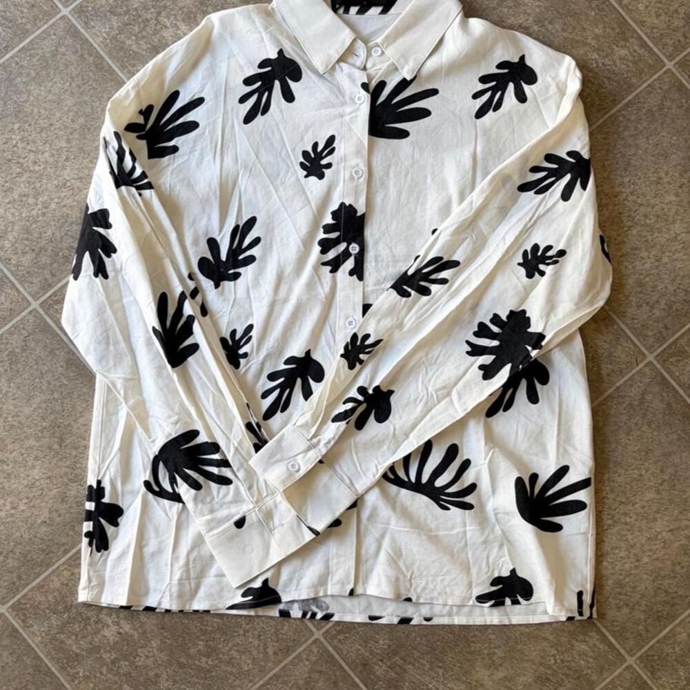 COMMENSE Black & White Abstract Plant Print Linen Blend Shirt S